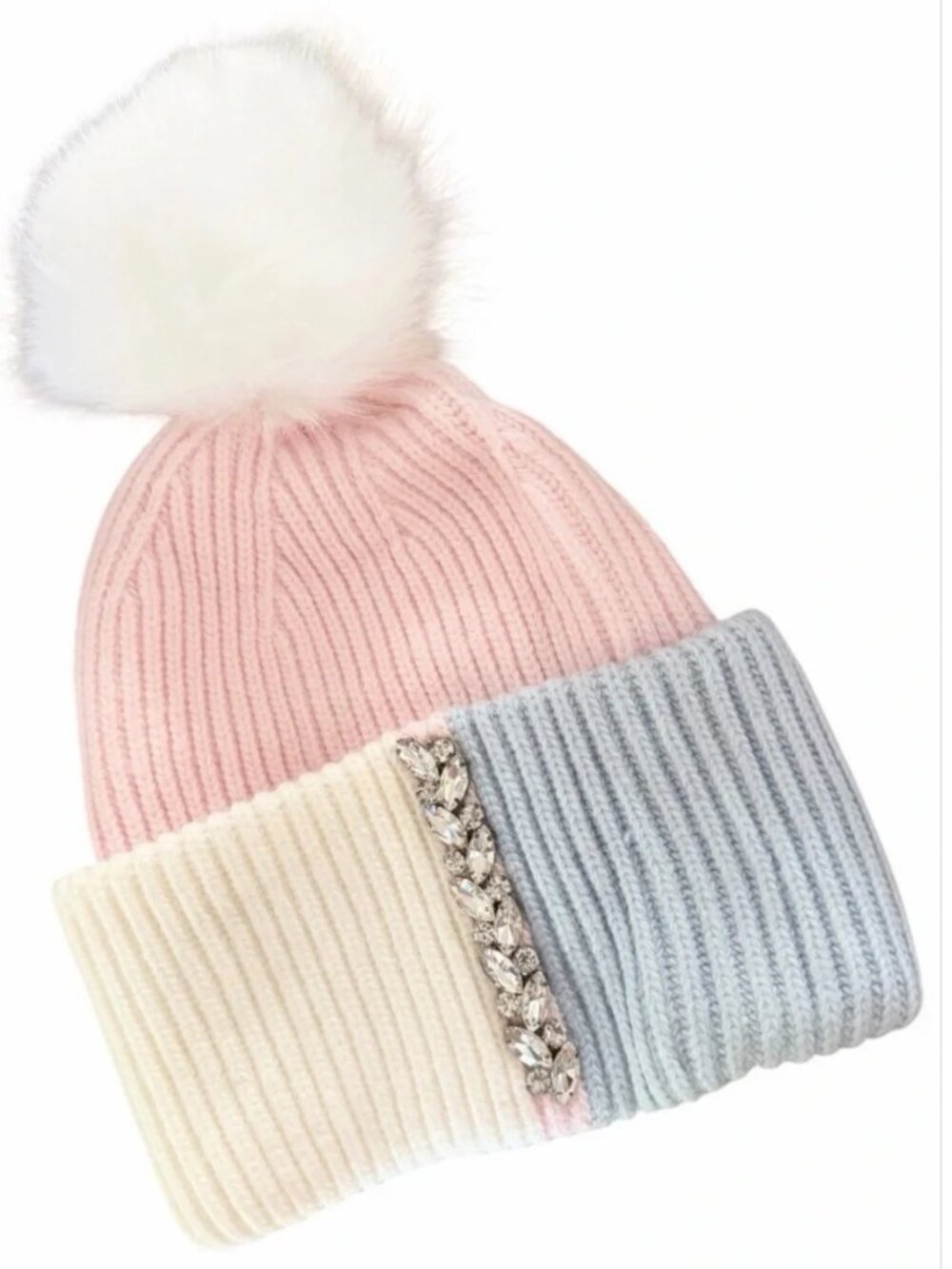 Adrienne Landau NWT Colorblock Pom Pom Beanie with Gems